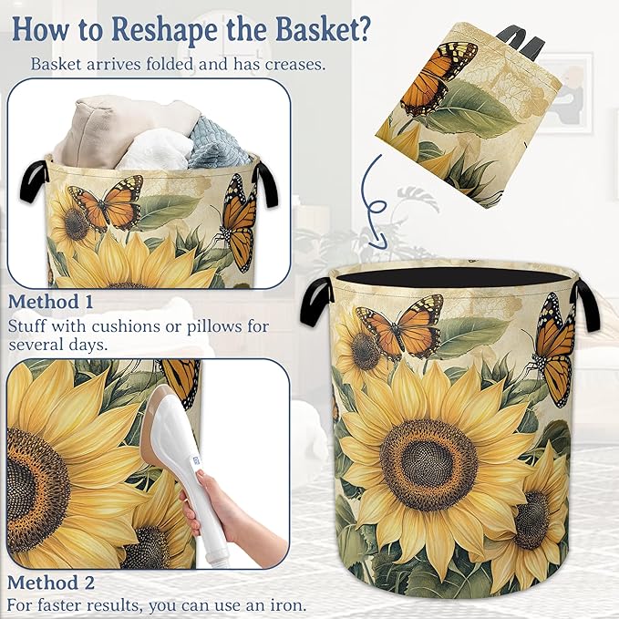 Vintage Sunflower Laundry Basket, Foldable Oxford Cloth Butterfly Laundry Hamper