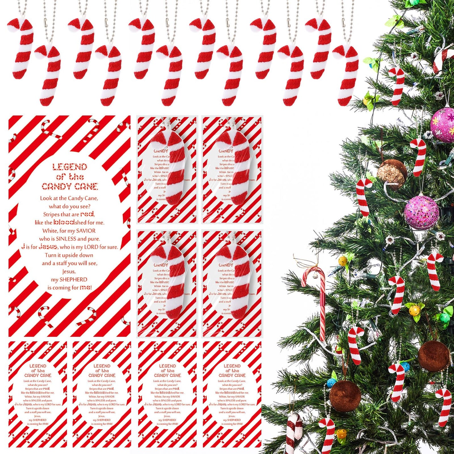 Soulchen 24 Set Christian Christmas Ornaments Bulk Candy Cane Ornaments with The Legend of The Candy Cane Cards for Church Christmas Stocking Stuffers Party Favor