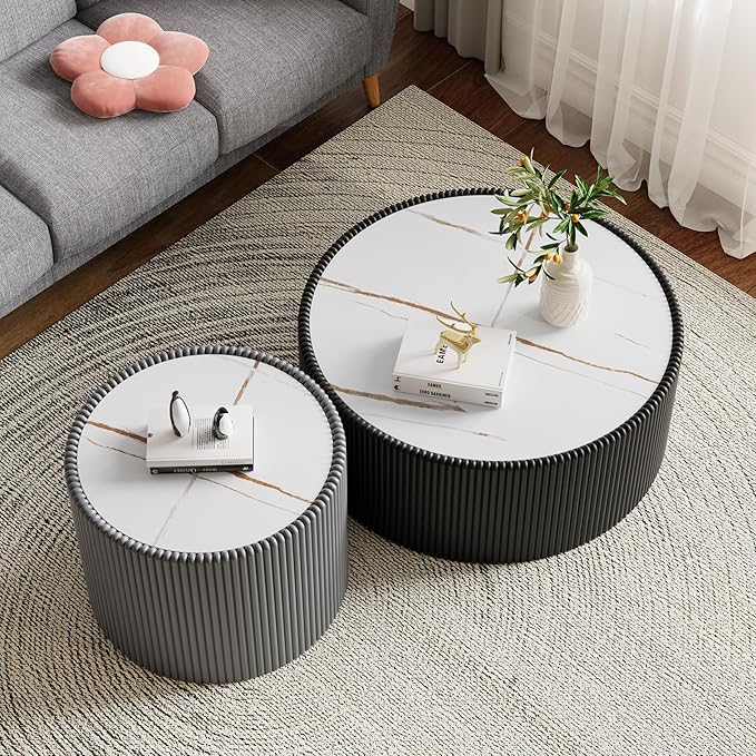 2-Piece Round Nesting Coffee Table Set, 29.52" Marble Coffee Table and End