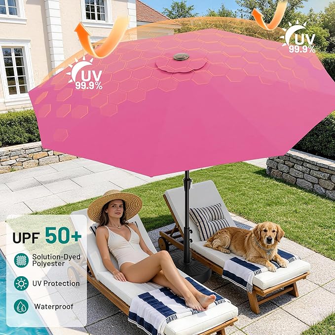 AreShark 9 FT Patio Umbrella for Outdoor, Outdoor Table Umbrella with Push Button Tilt and Crank, Outdoor Patio Umbrellas with 8 Sturdy Ribs for Market, Garden, Pool (Rose Pink)