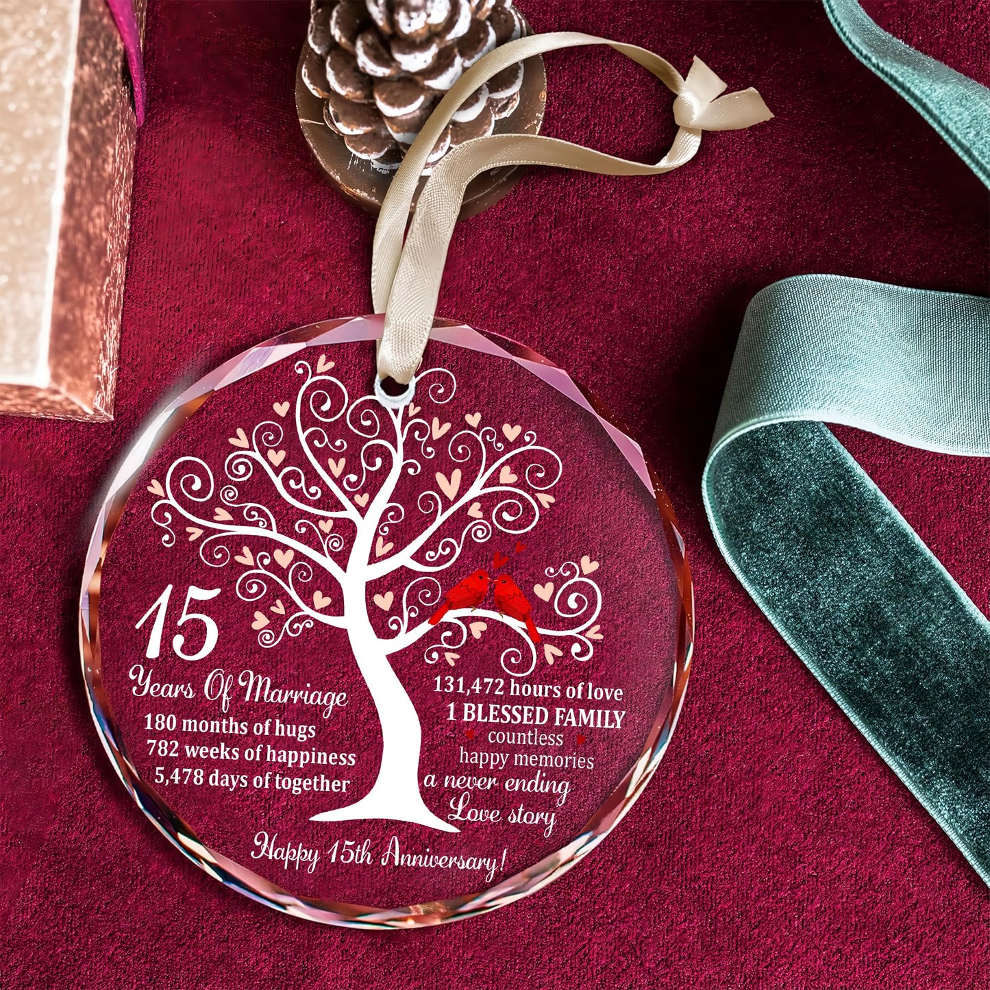 Bozspacer 15th Wedding Anniversary Ornament for Parents Couple Wife Husband - Crystal Anniversary Wedding Gift Ideas - Christmas Glass Ornament for 15 Years Marriage