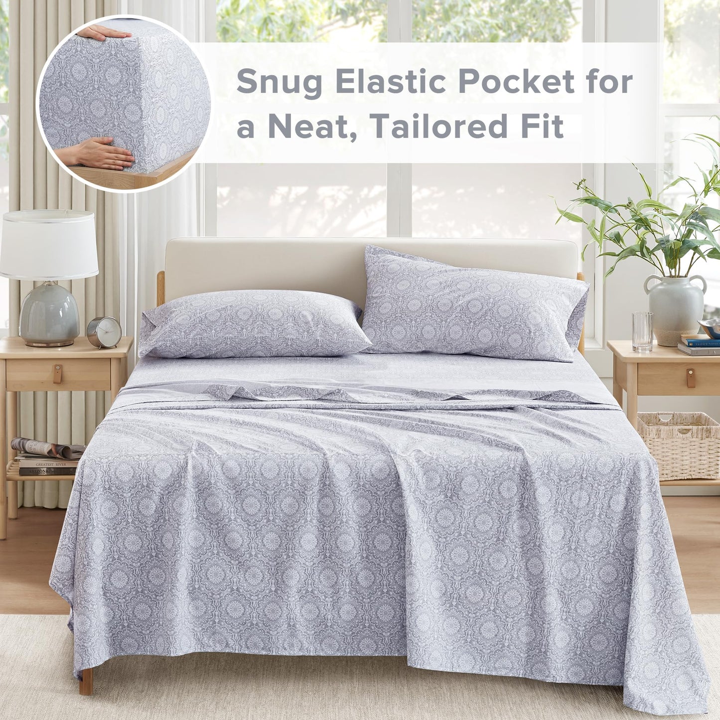 Comfort Spaces 100% Cotton Sheet Set Breathable, Lightweight, Soft with 12" Elastic Pocket Fits up to 14" Mattress, All Season Cozy Bedding, Matching Pillow Case, Twin Adelia Gray 3 Piece