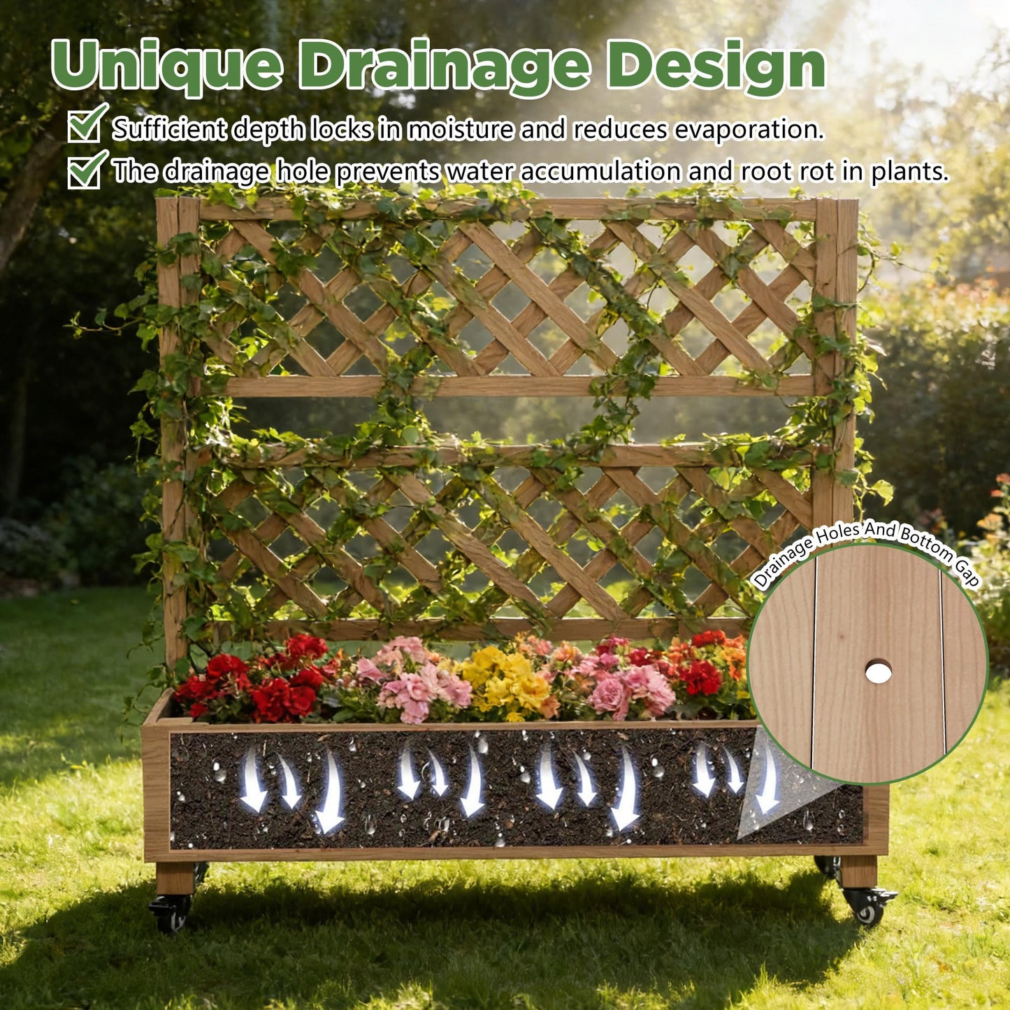 Raised Garden Bed with Wheels Outdoor, Large Garden Planter Box Tomato Flower Pots with Standing Diamond Lattice Trellis for Vegetables Vines Herbs Fruits & Climbing Plants (Grid Upright Trellis)