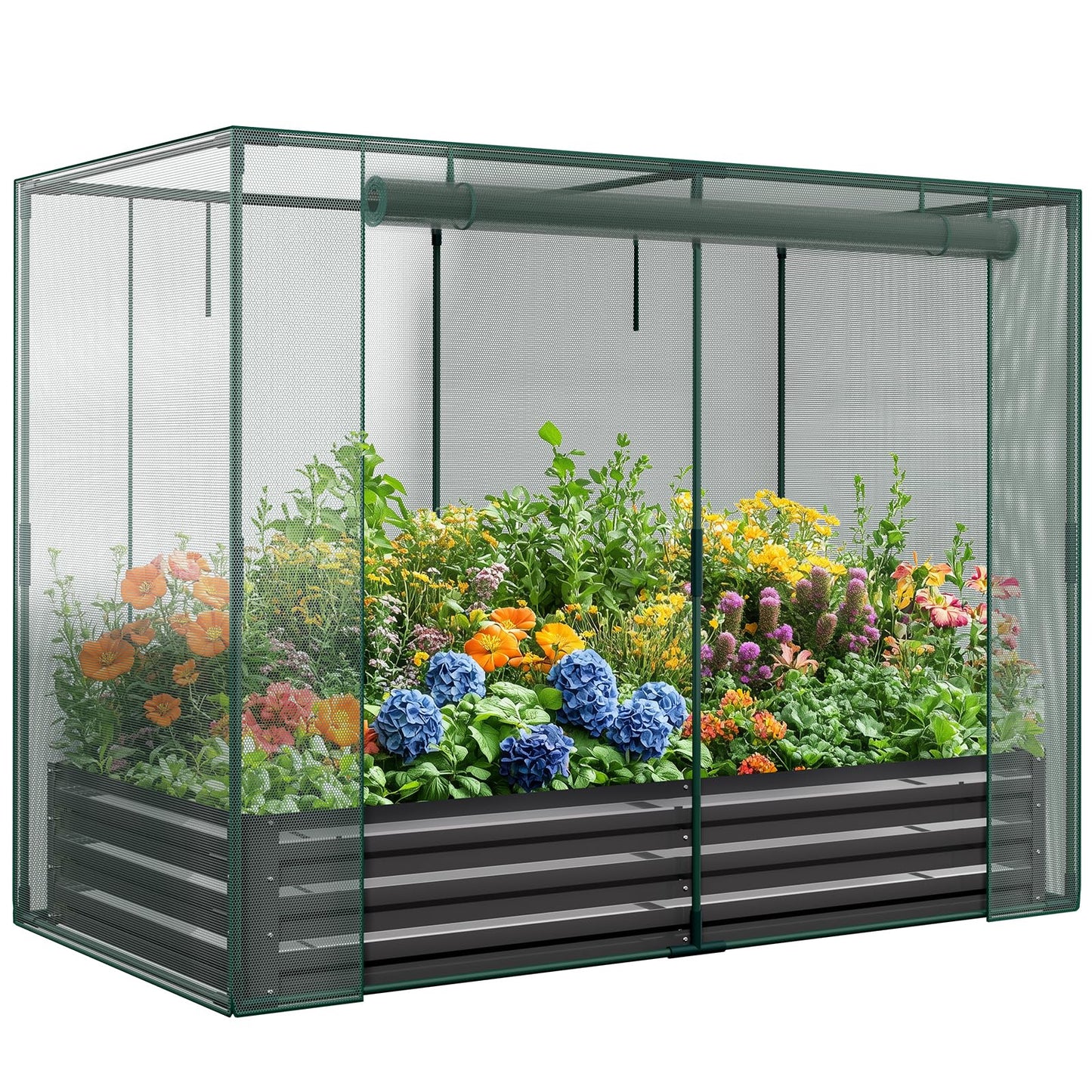 UrGROWA Galvanized Raised Garden Bed with Crop Cage Plant Protection Net Tent Kit for Garden Plant, 71"x35.4"x 59" Plants Protection Tent Cage Metal Planter Box Bottomless Planting Vegetables Outdoor