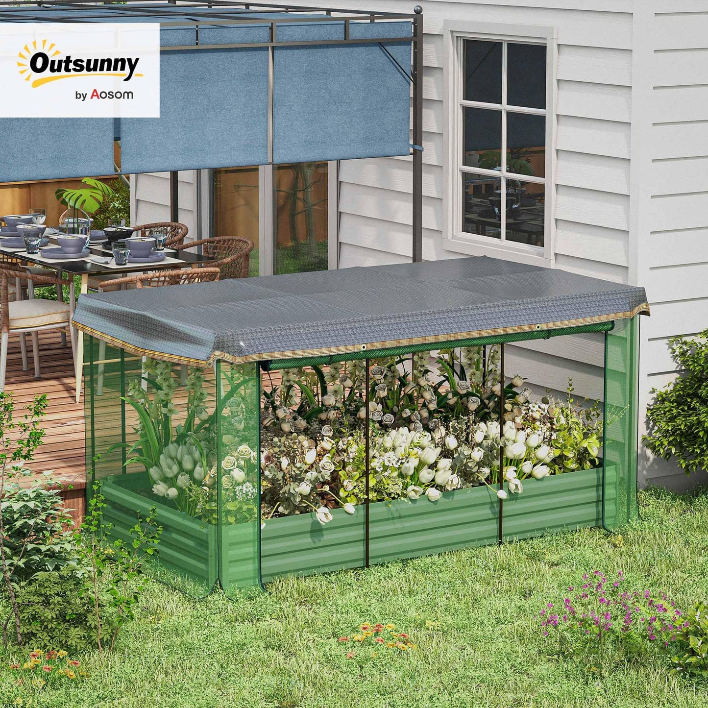 Outsunny 7.3 x 3.4 x 1 ft Galvanized Raised Garden Bed with Crop Cage Plant Protection Net and Shade Cloth Roof, Metal Planter Box with Cover for Vegetables, Flowers, Herbs, Green