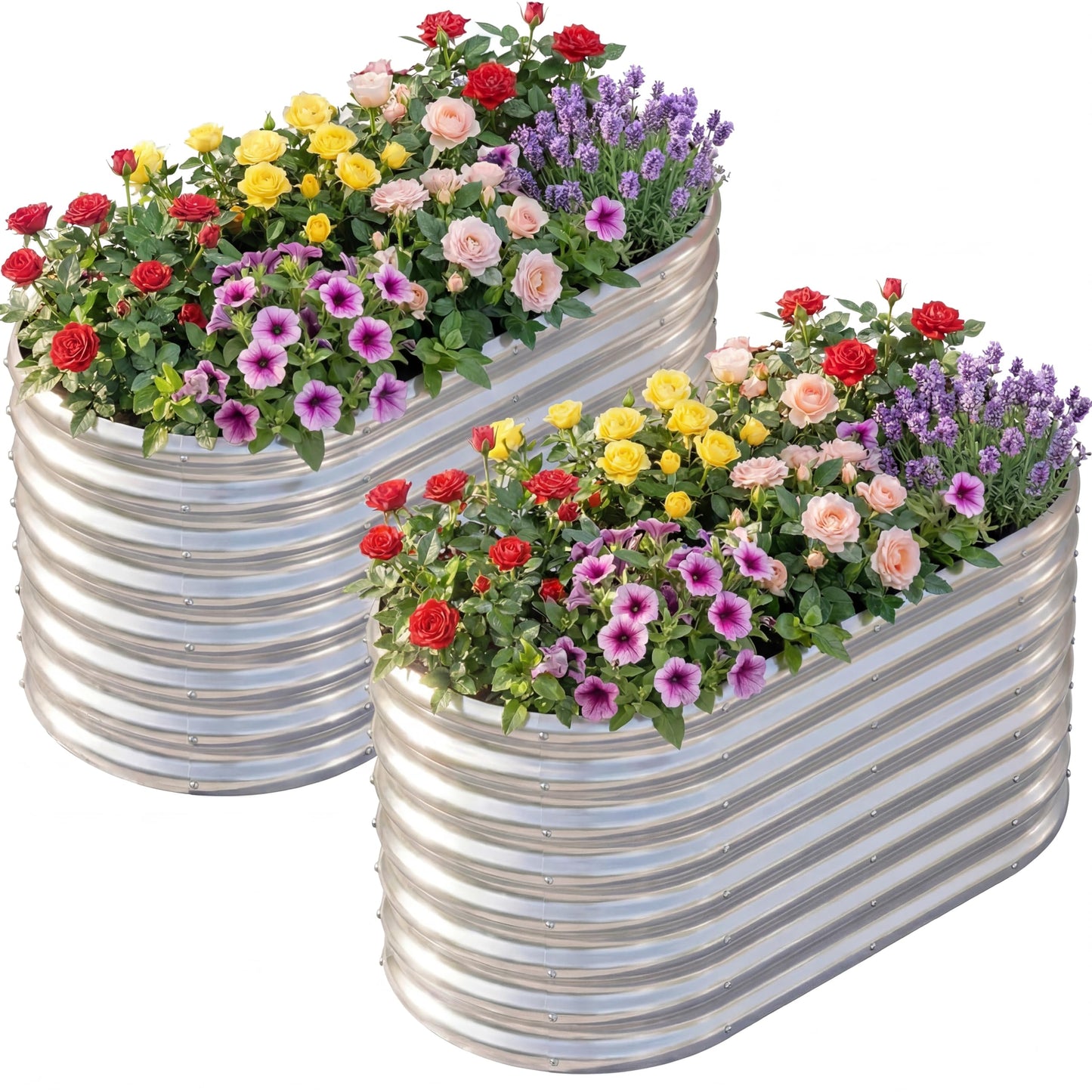 AHEONLAR 2 Pack 4×2×2ft Galvanized Raised Garden Bed Outdoor,Oval Sturdy and Durable Planter Boxes for Vegetables, Fruits, Flowers and Plants, Easy Assembly, Silver