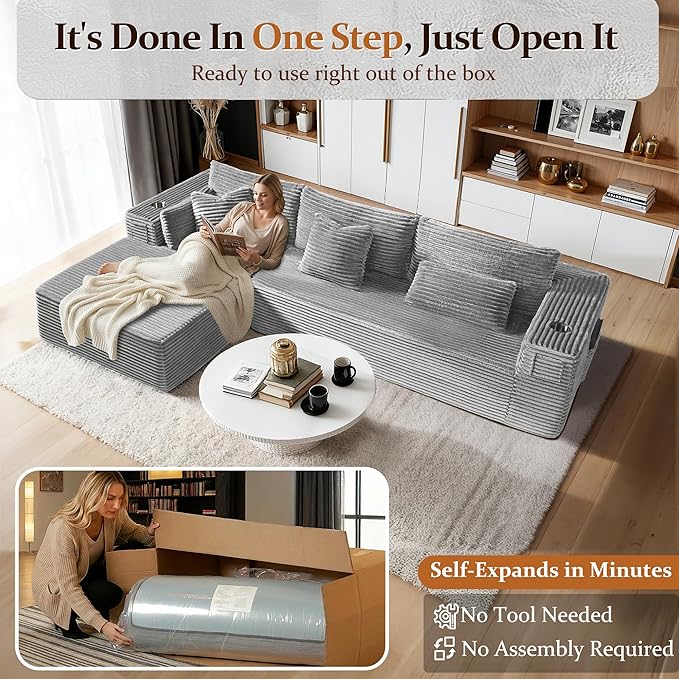 108" Oversized Cloud Sectional Couch, Comfort L Shaped Boneless Couch