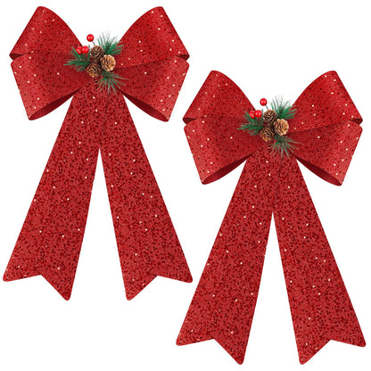 MCEAST 2 Pack Red Christmas Bows 12 x 18 Inches Xmas Wreaths Garland Bows with Pinecones for Christmas Tree Ornaments Sets Indoor Outdor Decoration