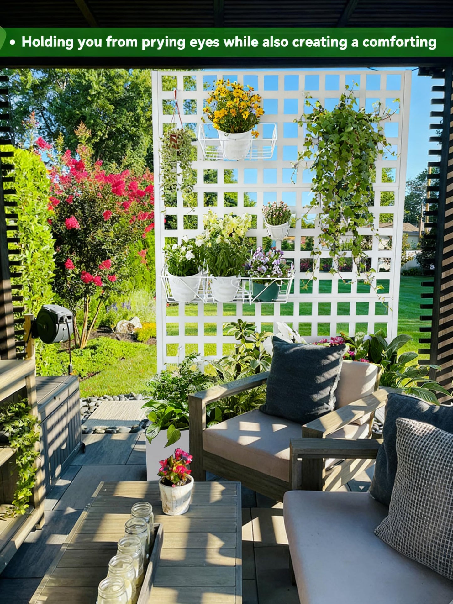 Metal Planter Box with Trellis, 71"x47"x16" Raised Garden Bed Outdoor with Privacy Screen & Lattice Trellis & Lockable Casters, Vertical Garden Box with Drainage Hole for Climbing Plants, Vegetable