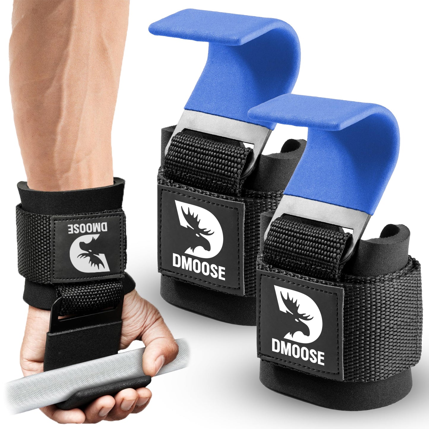 DMoose Fitness Weight Lifting Hooks (Pair) for Deadlifts, Pull Ups, Rows & Shrugs - Anti-Rip Nylon Strap Hand Grips with Thick Wrist Padding - Heavy Duty Wrist Straps for Weightlifting & Gym Workouts