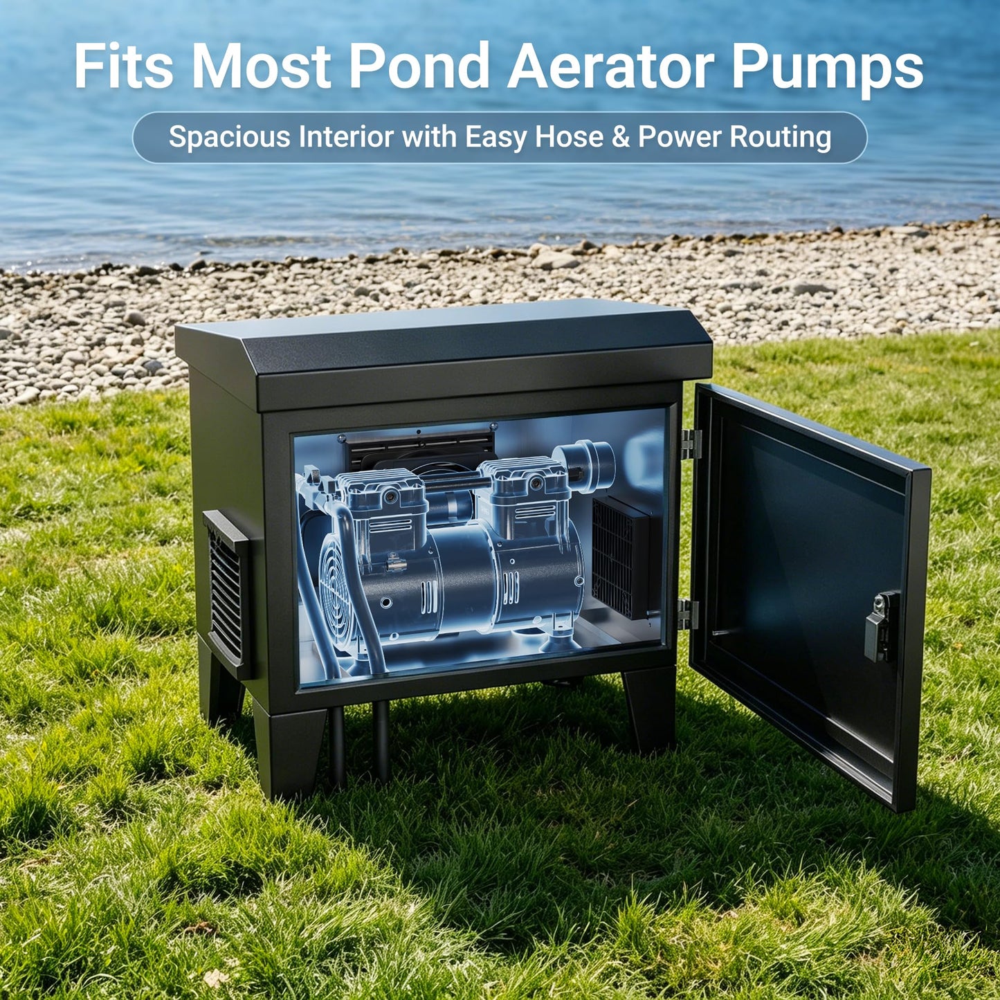 HQUA Pond Aerator Pump Cover Cabinet, Weatherproof Outdoor Protection System with Cooling Fan, Pre-Wired Outlet & 10 ft Power Cord, Galvanized Steel Enclosure 19”W × 14”D × 18.5”H