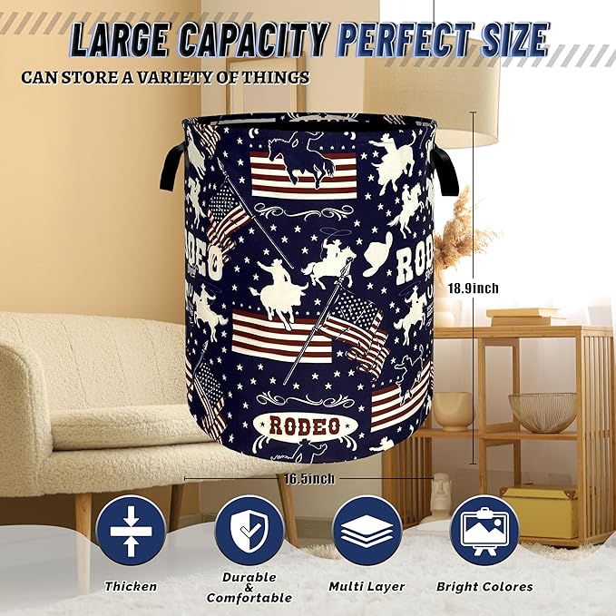 Western Cowboy Laundry Hamper Foldable Oxford Cloth American Flag Laundry Basket