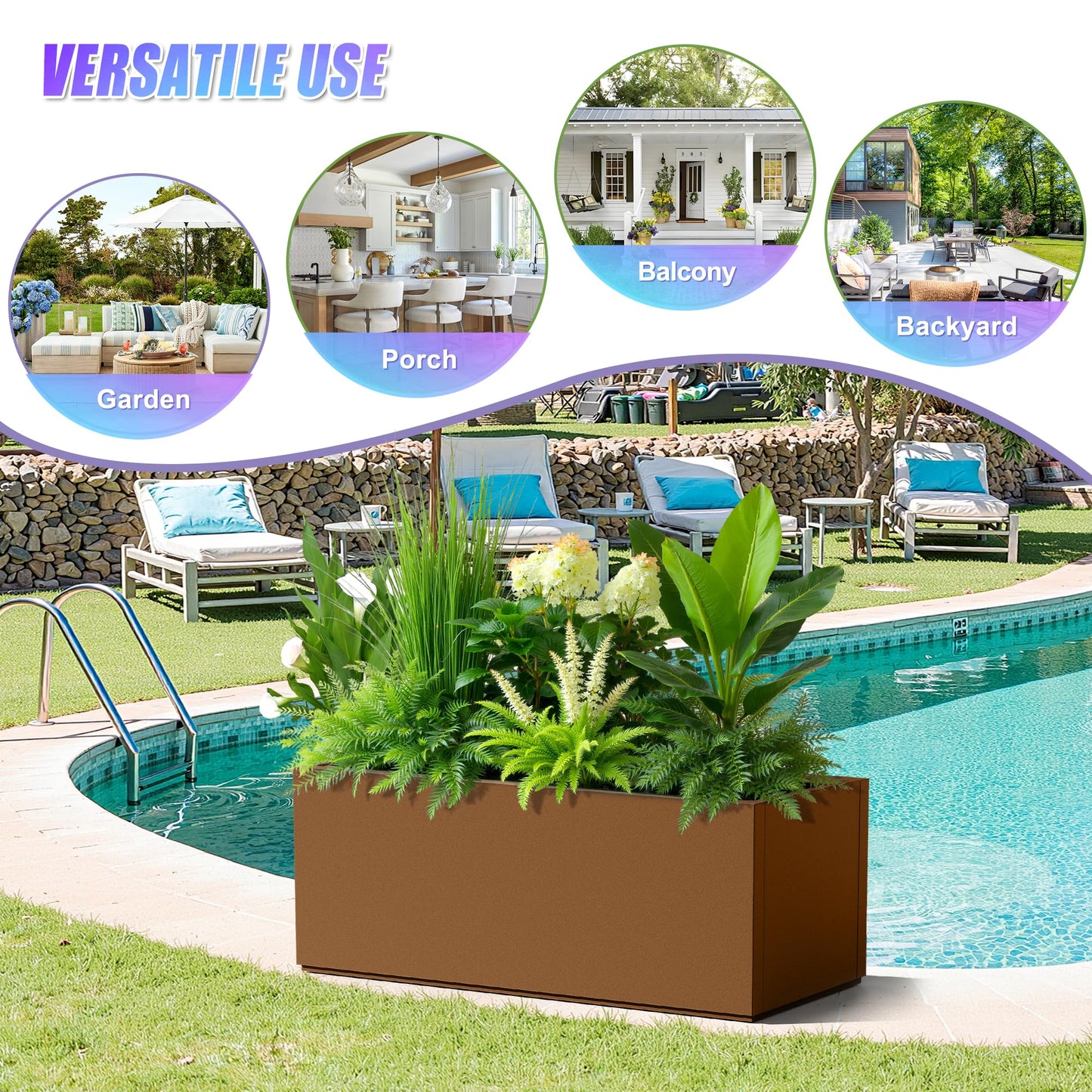 Tall Metal Planter, 15" W×16.3" H Large Rectangular Planter Box for Outdoor or Indoor, All-Weather Durable Plant Box with Drainage Holes & Removable Shelf for Patio, Porch, Garden, Trees, Flowers