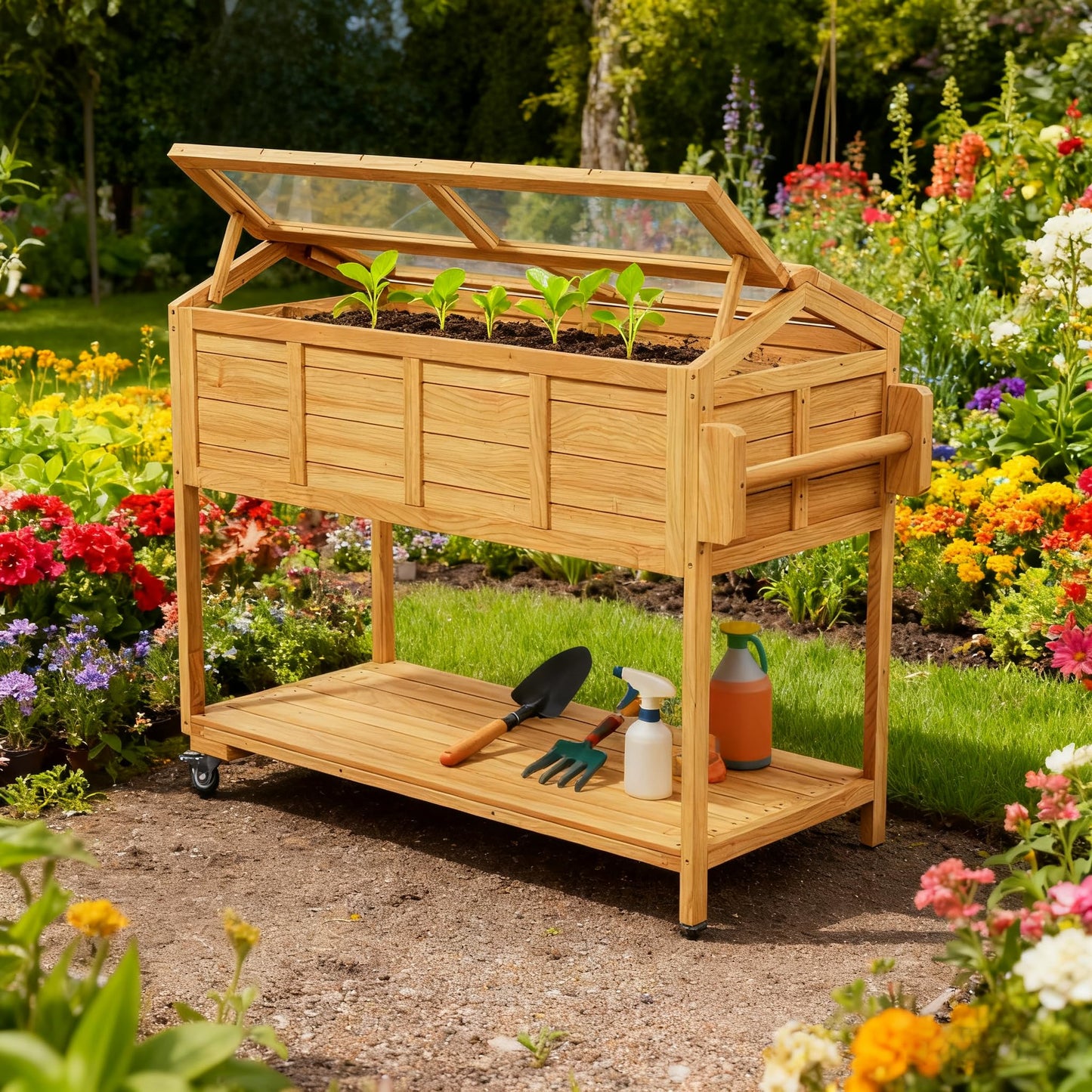 Raised Garden Beds on Wheels with Legs and Cover Elevated Herb Planter Box Cart Outdoor with Bed Liner,Storage Shelf,Seed Starter Tray for Backyard Patio Gardener Porch Outside (Country Rustic)