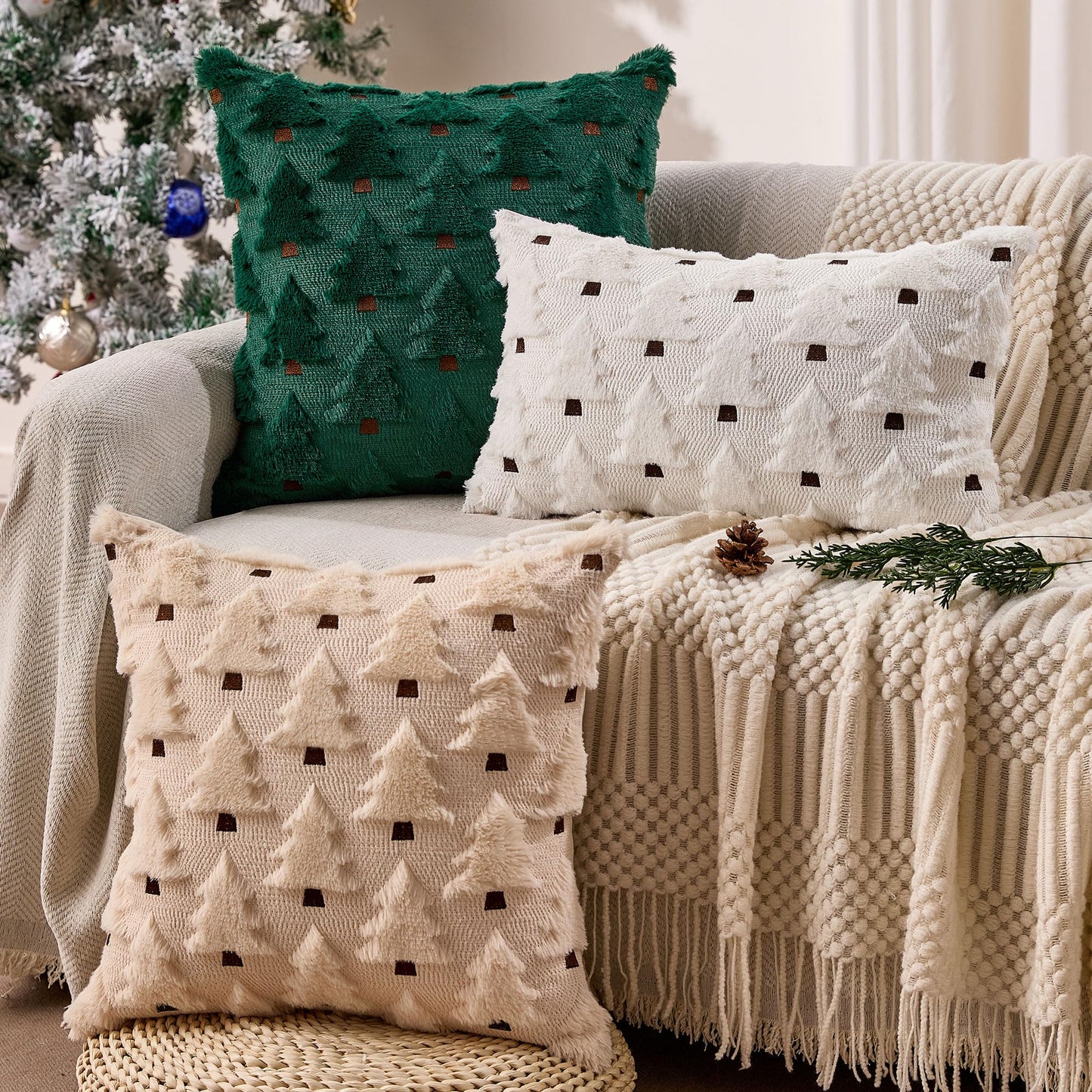 Allorry Christmas Lumbar Pillow Cover12x20 Christmas Decorations Soft Plush Faux Fur Wool Cream White Xmas Tree Throw Pillow Covers Winter Xmas Home Bedroom Sofa Decor PT-018D12