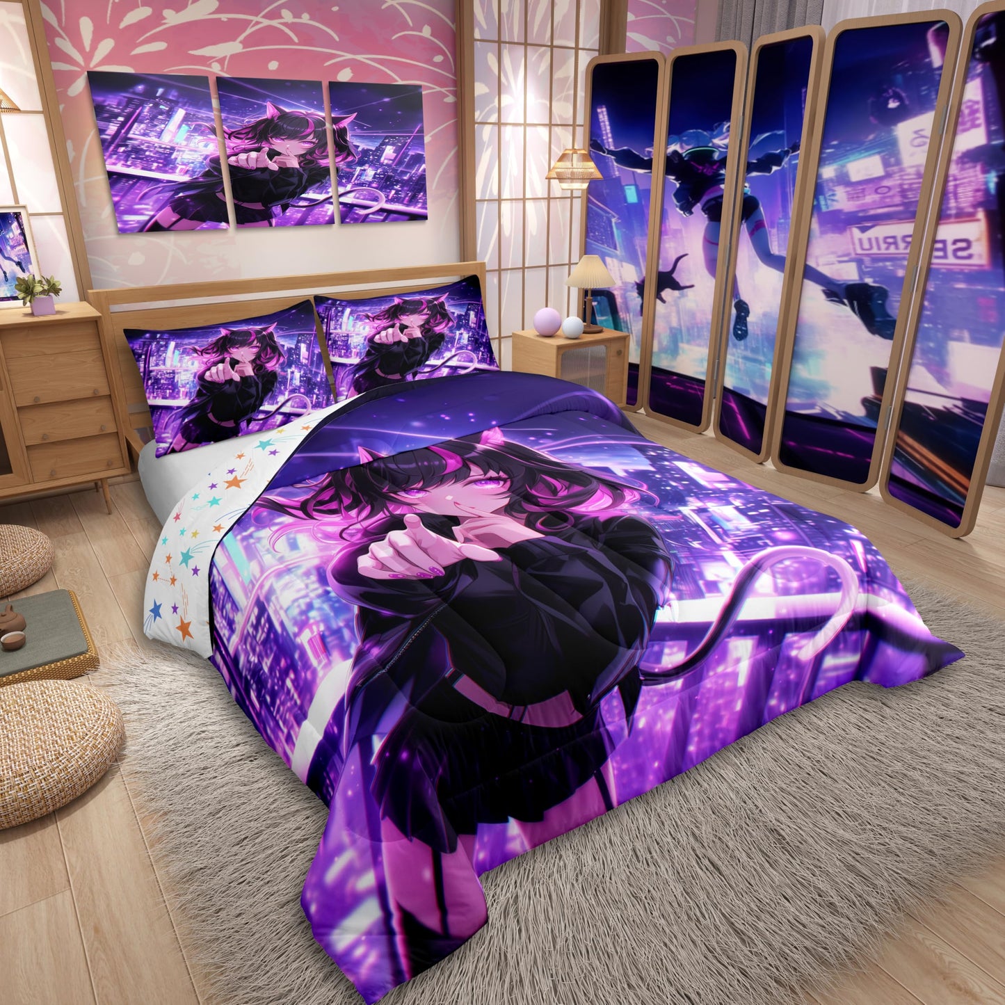 Erosebridal Kids Anime Girl Twin Size Bedding Set, Japanese Anime Comforter Set, Cartoon Girl Duvet Insert for Boys Teens Bedroom Decor, Kawaii Japanese Animation Quilt with 1 Pillow Case