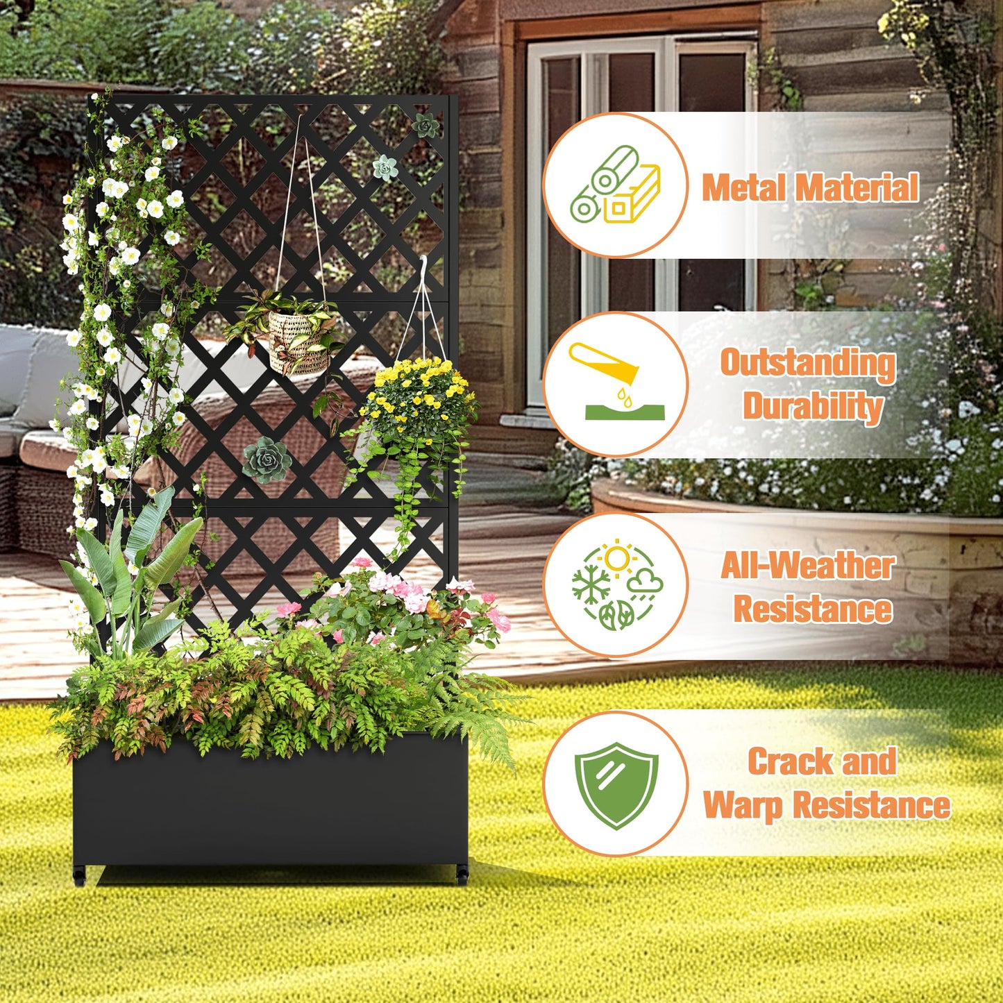 Metal Raised Garden Bed with Diamond Lattice Trellis, Outdoor Planter Box for Climbing Plants Vegetables Vines, Galvanized Garden Box with Drainage Holes and Wheels, Black (35.4"L x 16.7"W x 73.2"H)
