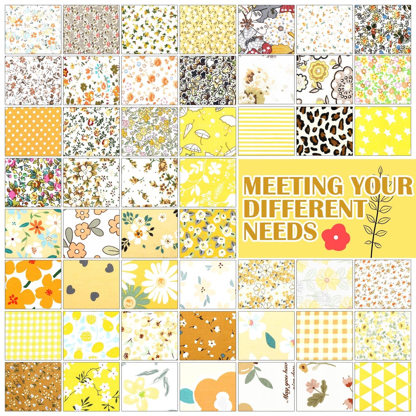 Kinlop 600 Pcs 4 x 4 Inch Cotton Fabric Square Christmas Precut Quilting Patchwork Fabric Bundles Printed Floral Holiday Sewing Materials for DIY Craft Gifts Quilting Projects(Yellow)