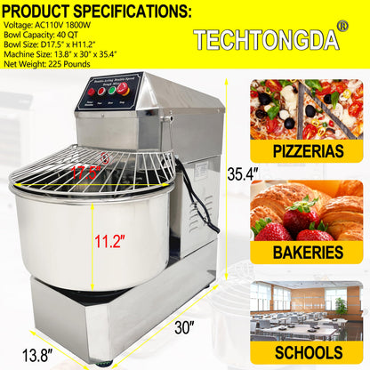 LGXEnzhuo 40L Commercial Dough Mixer with Dual Rotation and Double Speed, 1800W Electric Dough Kneading Machine - Stainless Steel, Spiral Hook, Emergency Stop, for Pizze and Bread