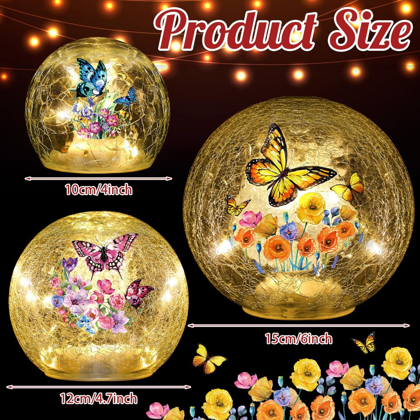 3pcs Spring Crackle Glass Ball Lights - Butterfly Ball Lamp Ornaments Indoor Globes Decorations LED Night Tabletop Decorative Sphere Lamp for Home Decor