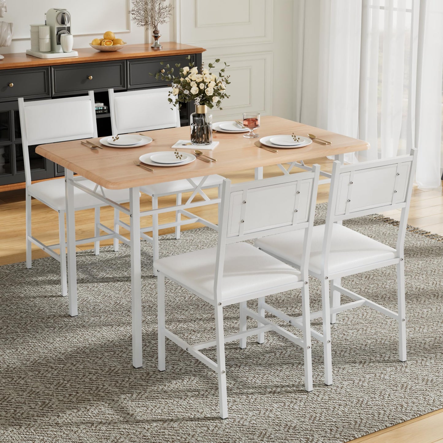VECELO Dining Table Set for 4 with Chairs, 5-Piece Kitchen Table and Upholstered Padded Chairs Set for Small Space, Dining Room, Apartment, Natural White