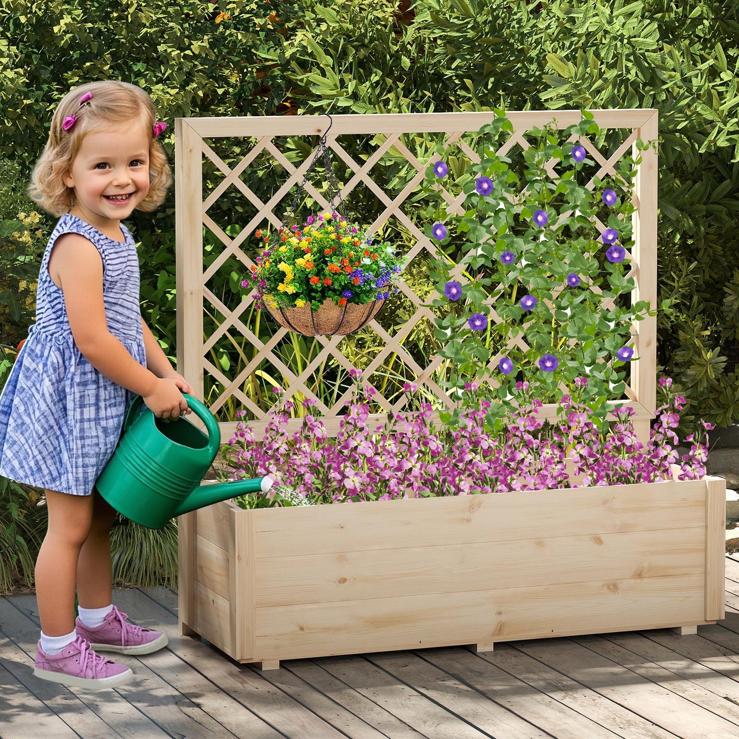 Giantex Raised Garden Bed with Trellis, Drainage Hole, Wood Elevated Planter Box for Climbing Vine Flower Herb Vegetable Fruit, Planting Container for Indoor Outdoor Patio Balcony (39”x14”x40”)