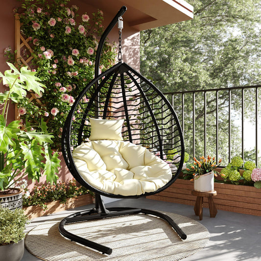 Merax Indoor Outdoor Hanging Hammock Chair with Stand, Foldable Rattan Egg Swing Chair with Iron Frame and Plush Cushion & Removable Headrest,Suitable for Porch Garden,Balcony,Indoor, Black+Beige