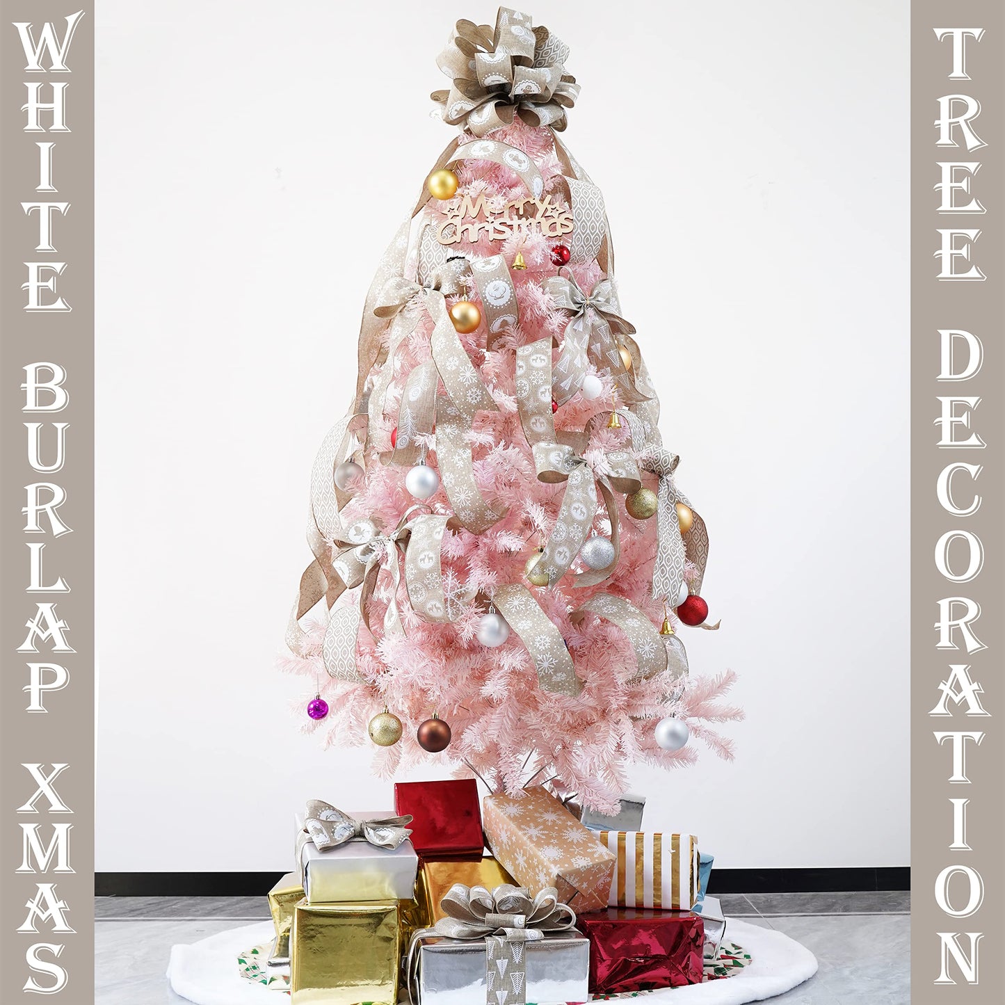 MEEDEE Burlap & White Print Ribbon - Wired Burlap Ribbon, 2.5 Inch, 6 Rolls, 36 Yards - Christmas Tree & Wreath Decorations
