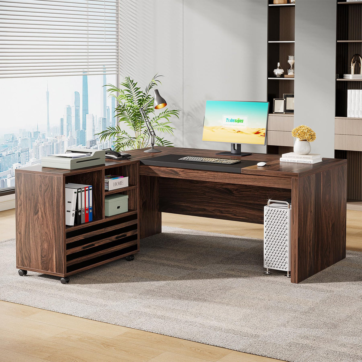 Tribesigns 62.2" Executive Desk with Mobile File Cabinet, L-Shaped Office Desk with Storage Shelves, Large Computer Table Business Workstation Set for Home Office, Dark Brown