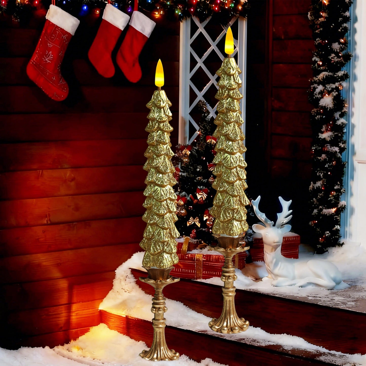 XINAOBAOLUO 10 in Gold Christmas Tree Flameless Candle Window Candles with Remote Timer Battery Operated Taper Candle LED Taper Candles Set of 2