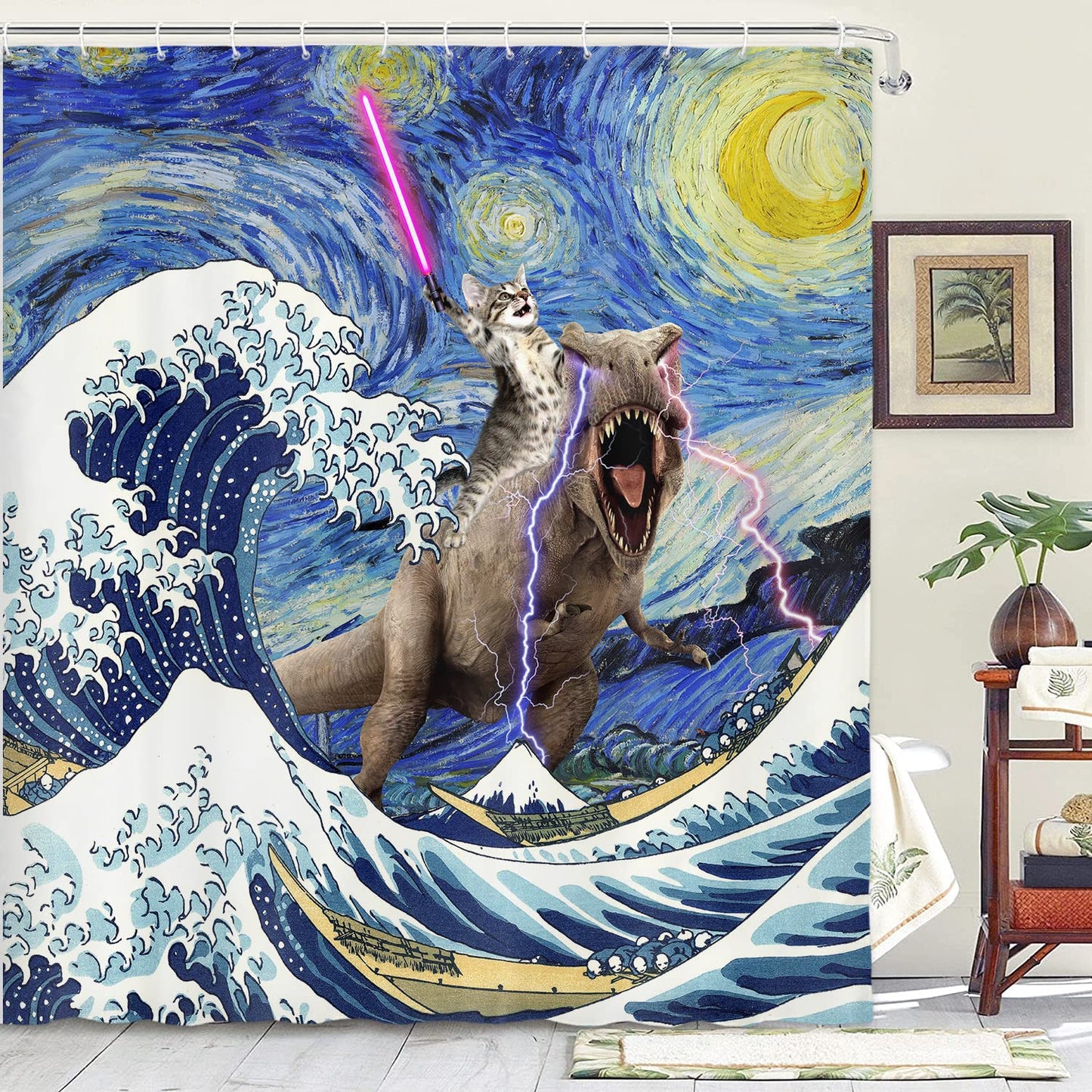 Xguatan Funny Cat Shower Curtain, Cool Dinosaur Cat in Japanese Kanagawa Waves Shower Curtain for Bathroom, Blue Ocean Fabric Hilarious Anime Shower Curtain Set with 12PCS Hooks, 60X70IN