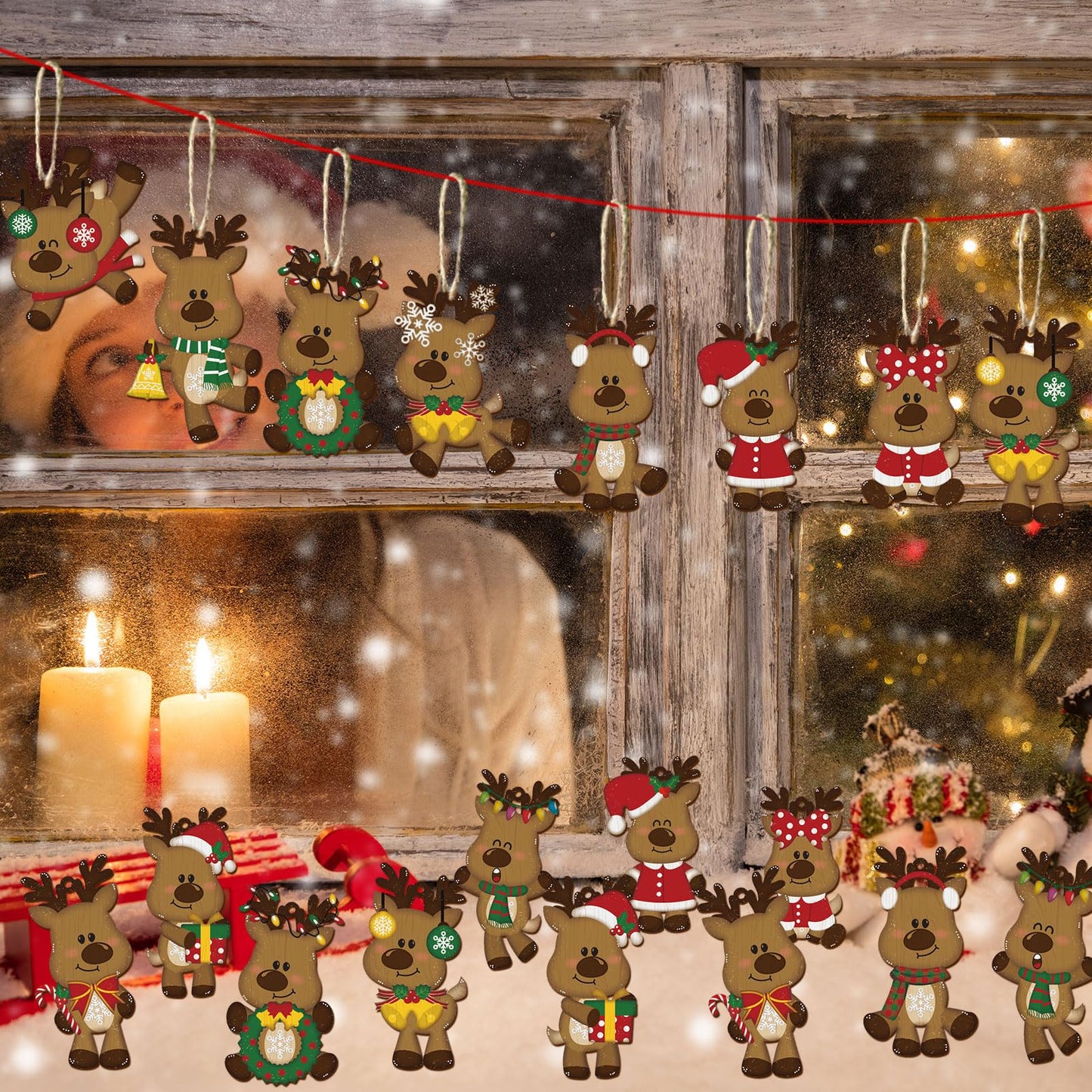Barydat 36 Pcs Christmas Reindeer Ornaments for Tree Wooden Reindeer Christmas Hanging Decoration Set for Xmas Winter Tree Hanging Crafts Holiday Decor Xmas Party Supplies
