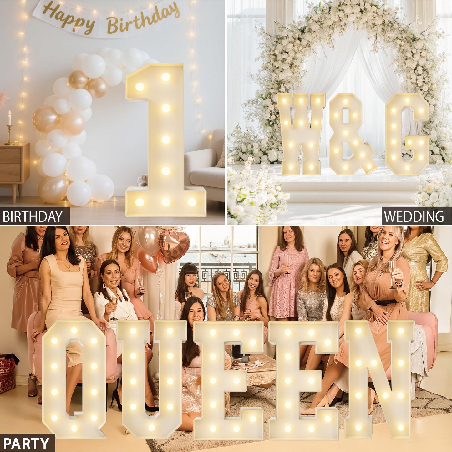 HXWEIYE Big Light Up Letters Q，3FT Large Marquee Letters with lights, Mosaic Balloon Frame, Giant Baby Letter for baby shower Birthday Graduation Engagement Party Wedding Christmas Decor (Warm White)
