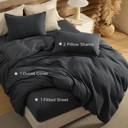 Bedsure 100% Cotton Duvet Cover Queen Size with Fitted Sheet - 4 Pieces Charcoal Waffle Weave Duvet Covers, PureWowen Breathable Bedding Set, 1 Duvet Cover 90x90, 1 Fitted Sheet, 2 Pillow Shams