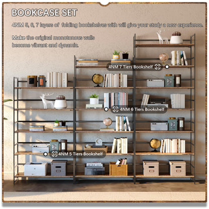 4NM No Assembly 5 Tier Collapsible Book Shelves, 51.2" H x 23.6" W Folding Bookshelf Bookcase Open Industrial Foldable Shelf for Bedroom, Living Room, Home Office - Rustic Brown