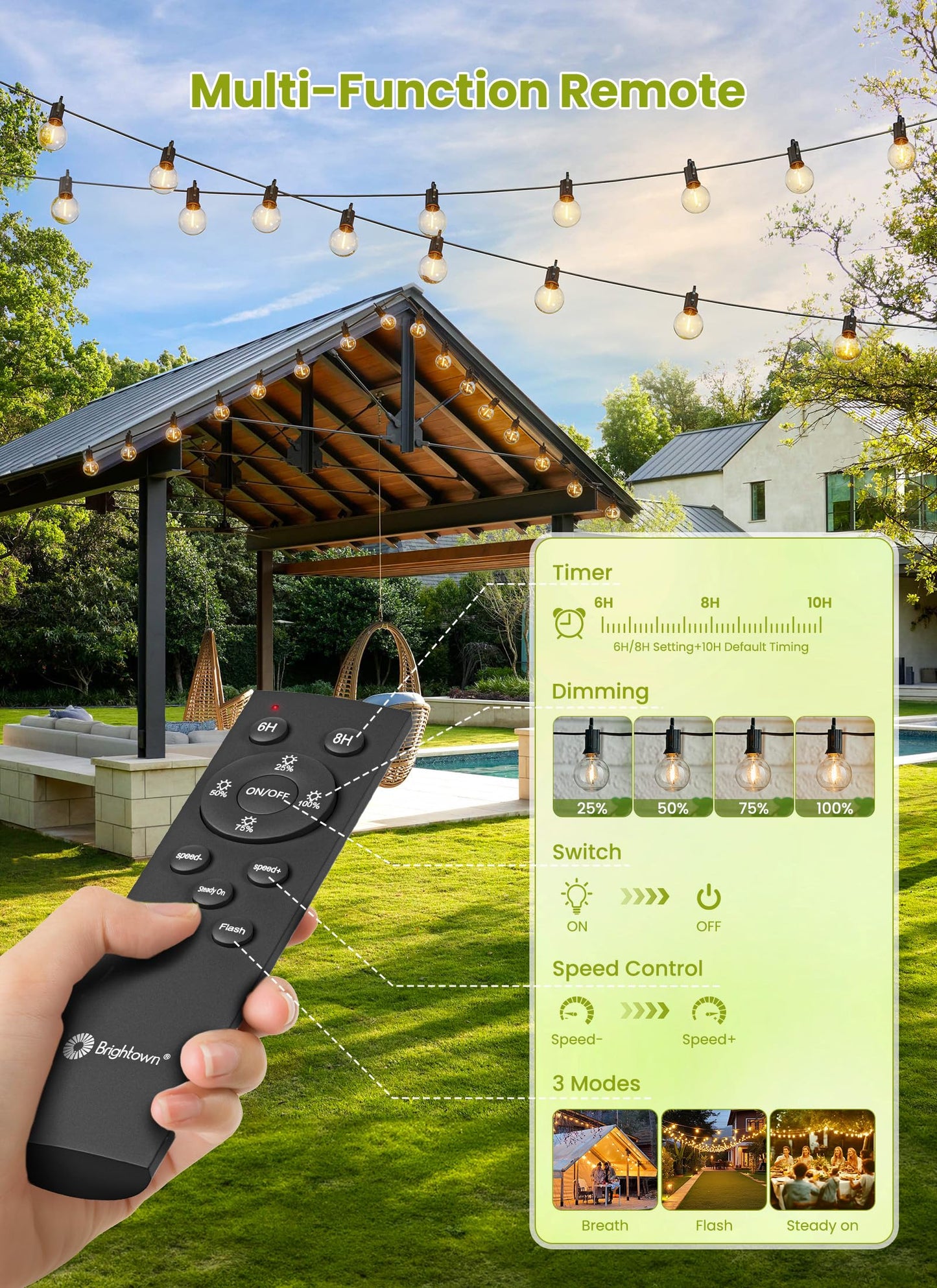 Brightown 208FT Solar String Lights Outdoor Waterproof with Remote, Solar Patio Lights with 100 Shatterproof LED Bulbs, 3 Light Mode, Dimmable & Timer, Hanging String Lights for Porch Garden Bistro
