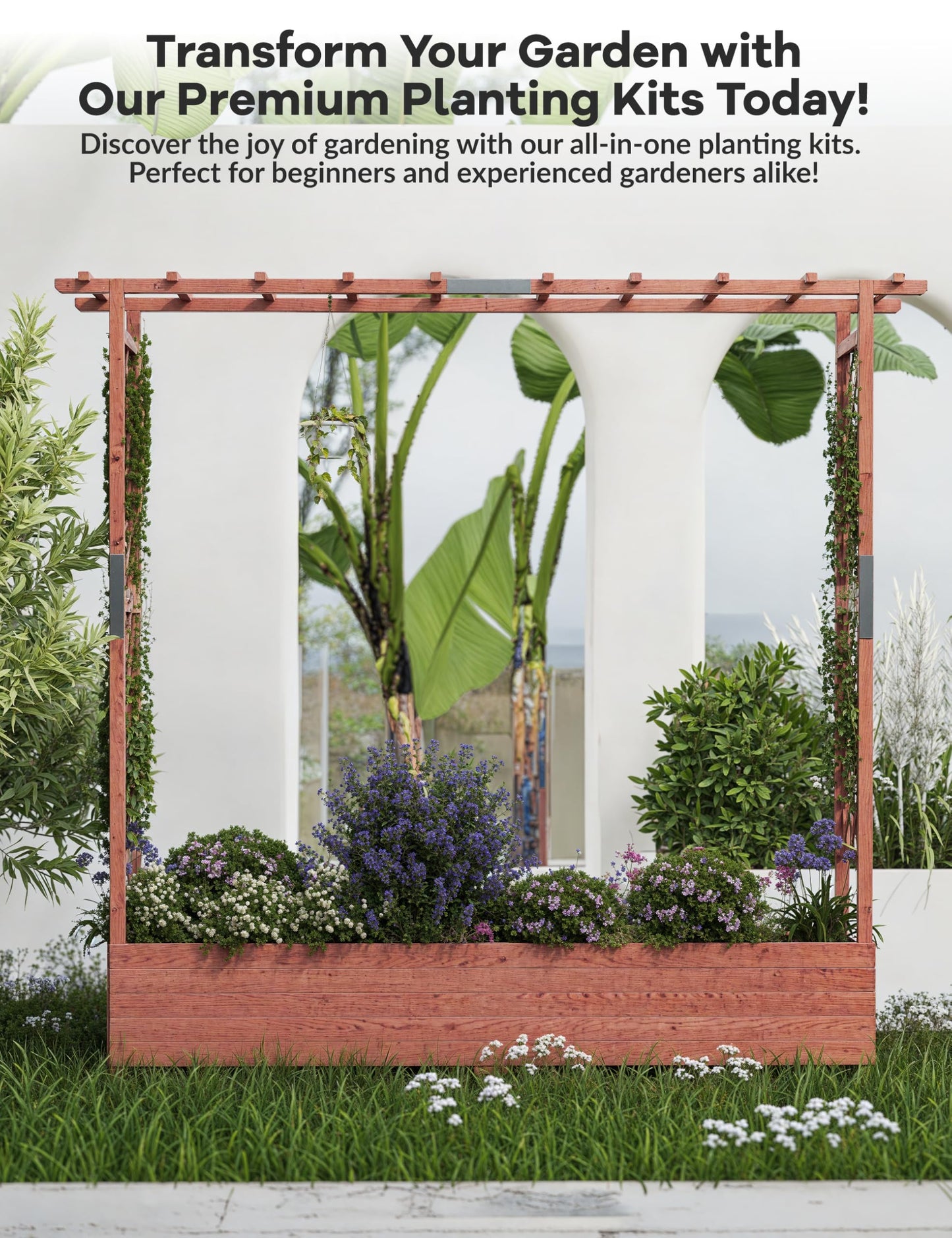 GarveeLife Raised Garden Bed with Trellis, 72 in Wood Planter Box with Side Trellis, Hanging Roof, and 4 Drainage Holes, Freestanding Elevated Garden Bed for Climbing Plants, Vines, Flowers