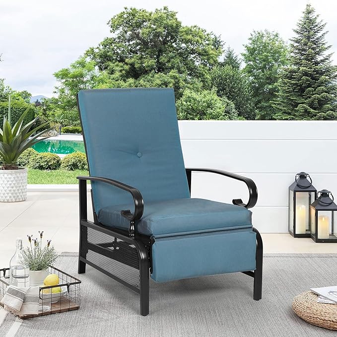 Oakcloud Adjustable Outdoor Lounge Chair Metal Patio Relaxing Recliner Chair with Removable Cushions(Peacock Blue)