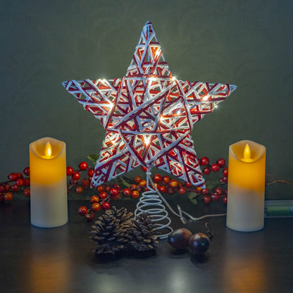 Ornativity Christmas Star Rattan Tree Topper – Red and White Xmas Holiday Decor Rustic LED Lights Light Up Tree Top Topper Ornament Decoration 12"