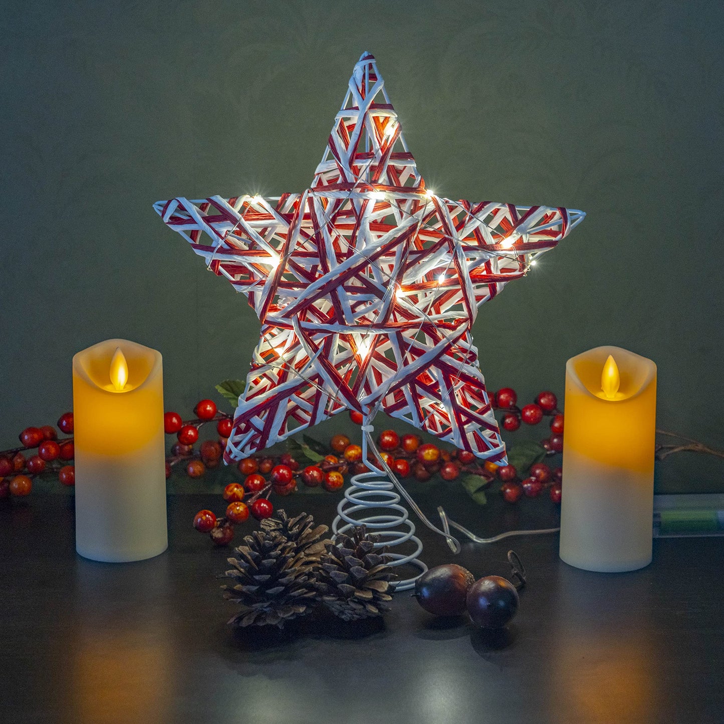 Ornativity Christmas Star Rattan Tree Topper – Red and White Xmas Holiday Decor Rustic LED Lights Light Up Tree Top Topper Ornament Decoration 12"