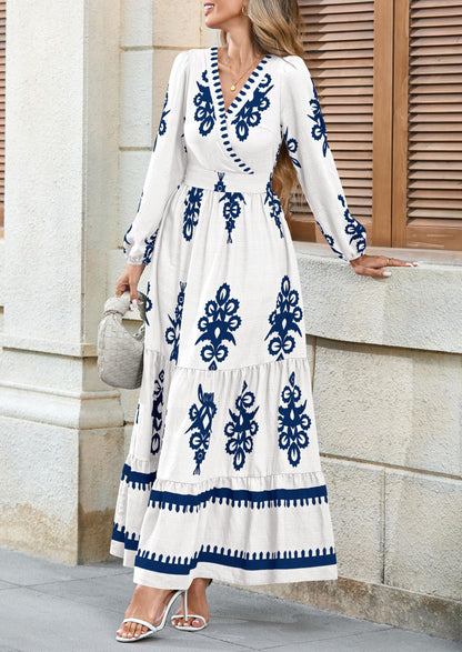 PRETTYGARDEN Women's 2025 Fall Wedding Guest Dresses Boho Floral Long Sleeve V Neck Flowy Elegant Maxi Dress Beach Clothes