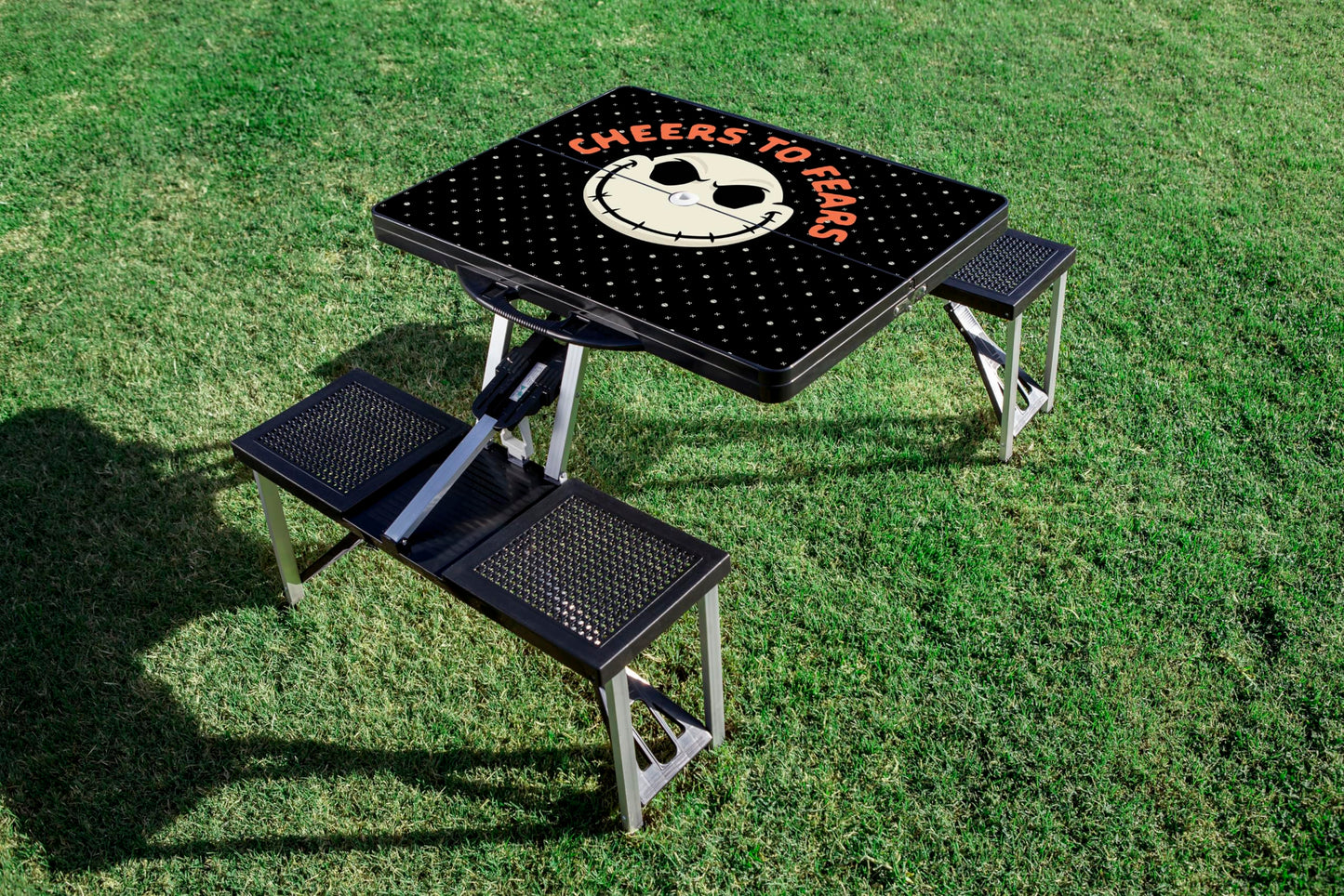 Picnic TIME Disney Nightmare Before Christmas Jack Folding Picnic Table with Seats, Collapsible Aluminum Table, Bench Set w/Umbrella Hole, Lightweight Portable Table for Camping, Travel, Tailgating