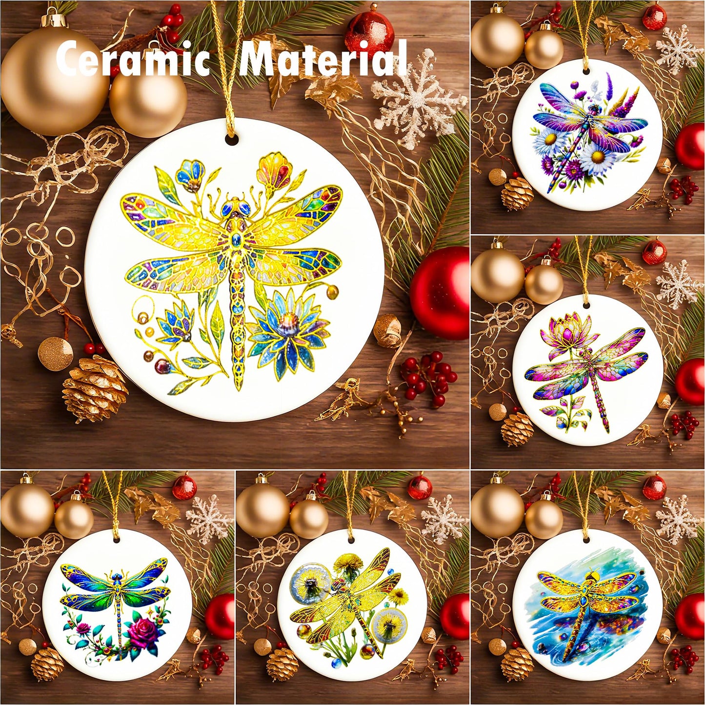 YOXUTEP 6-Pack Ceramic Dragonfly Ornaments, Christmas Tree Decor for Home, Exchange, Xmas Presents & Festive Decoration