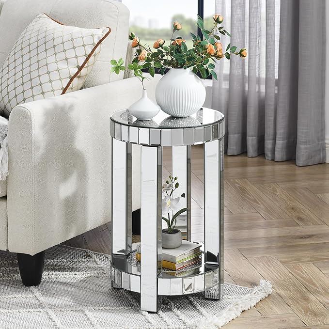 Mirrored Round End Table with Crystal, 2-Layer Modern Small Sofa Table with