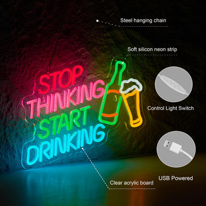 Stop Thinking Start Drinking Bar Neon Sign for Bar Sign Wall Décor with Dimmable Switch for Beer Pub LED Neon Signs Light Decor