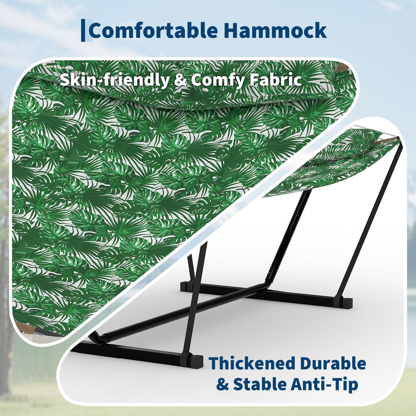 Double Hammock with Stand for Outdoor Use – 2-Person Portable Hammock with Curved Spreader Bar & Balance Ropes, Heavy Duty 450 LBS Capacity for Backyard, Patio & Camping, Green
