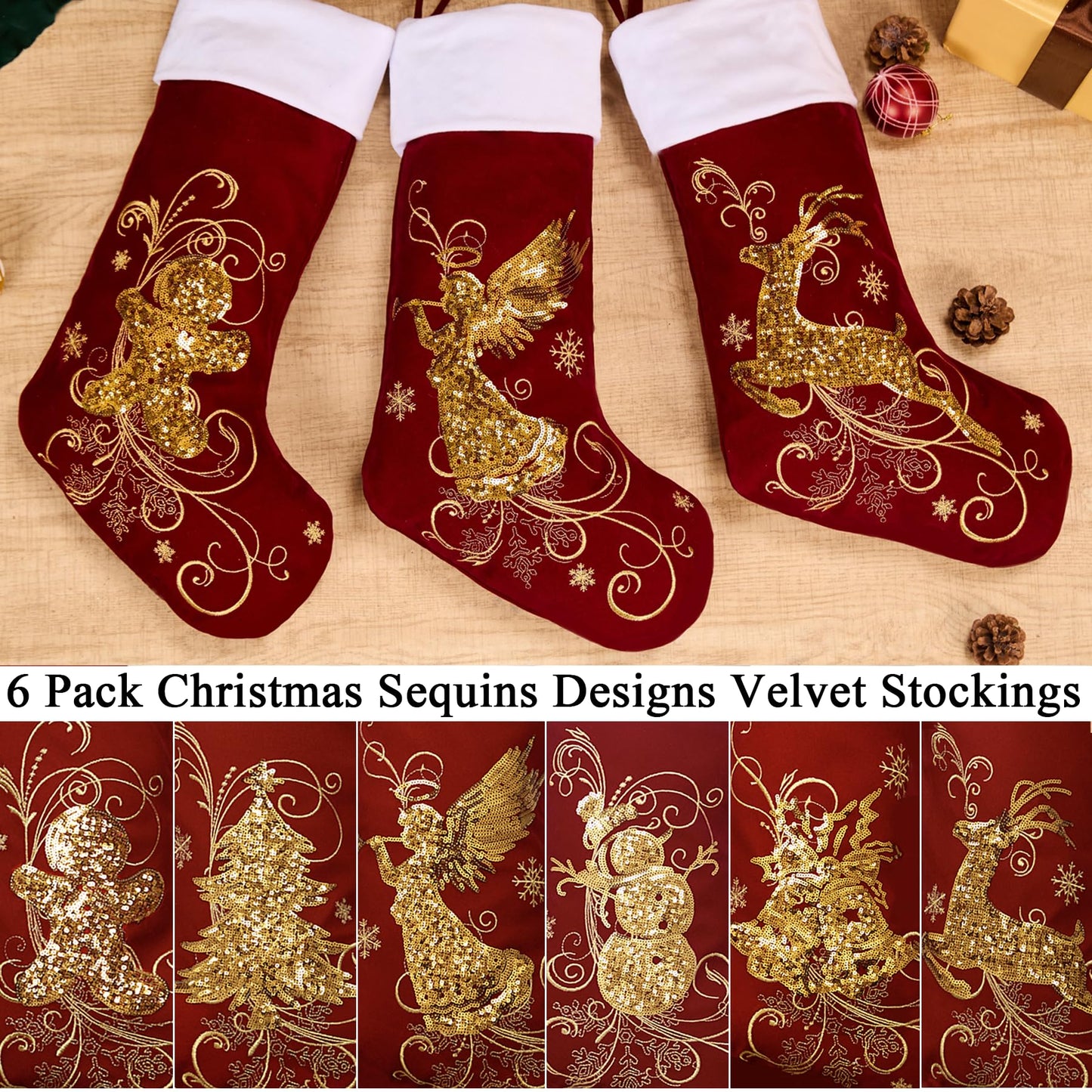 Roycraft Christmas Stockings Set of 6 Velvet Gold 19 inches Red Sequins Christmas Stockings Fireplace Hanging Ornament for Family Decorations Holiday