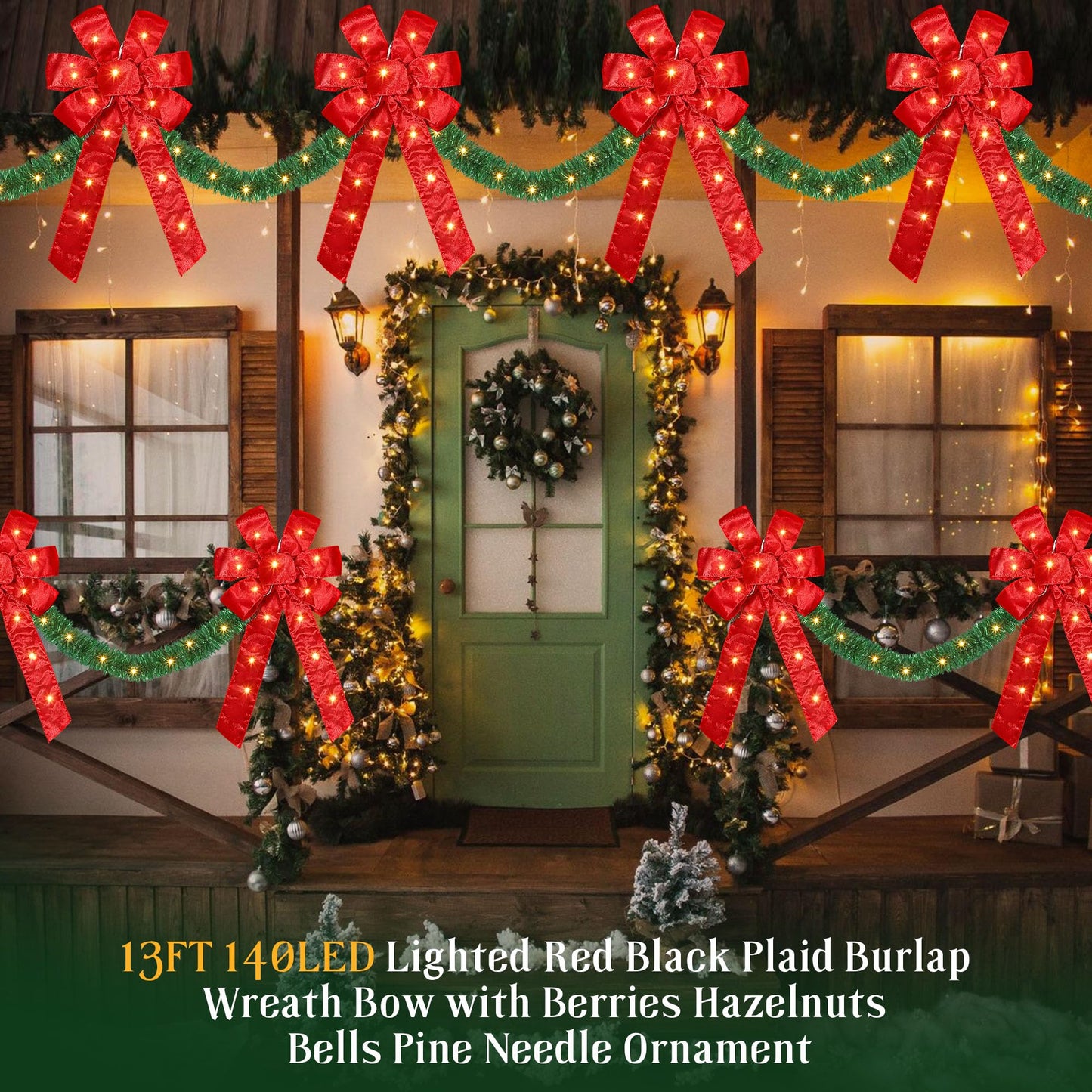 13 FT Christmas Bows Fence Decoration, 140LED Lighted Large Christmas Bows Decoration with 8 Mode and Timing Ornament for Party Front Door Fireplace (Red,Artificial Garland)