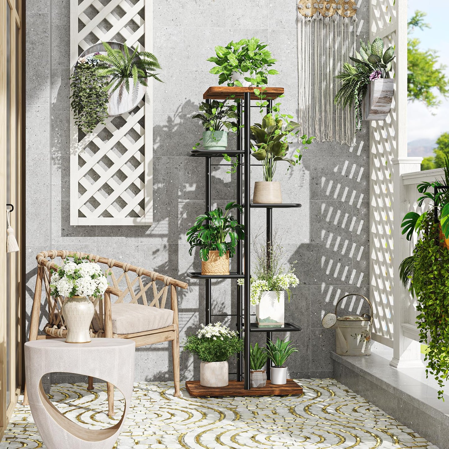 Simple Trending Plant Stand Indoor Outdoor, 6 Tier Plant Shelf, Tall Corner Flower Pot Holder, Metal Display Rack for Patio Balcony Living Room,Brown