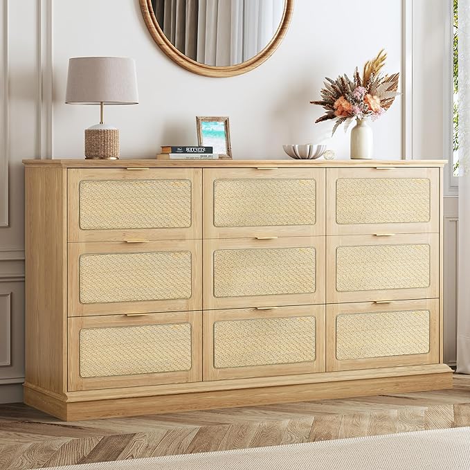 HUAHUU 9 Drawer Dresser for Bedroom, 60 Inch Long Dressers & Rattan Chest of